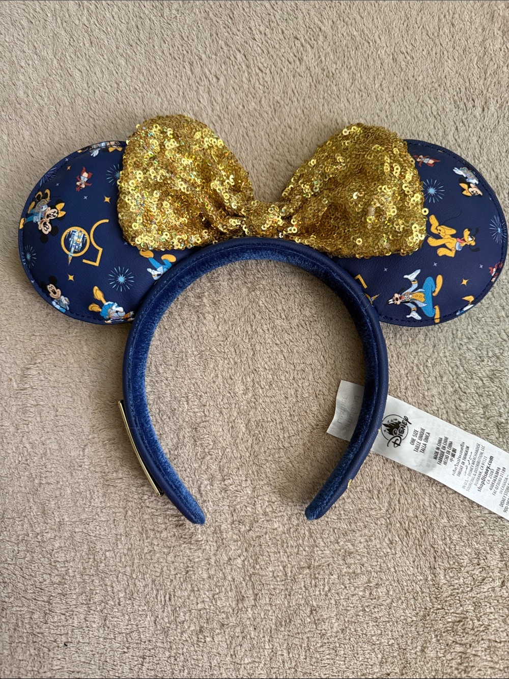 50th Anniversary Disney Navy Minnie Ear Headband with Gold Sequin Bow